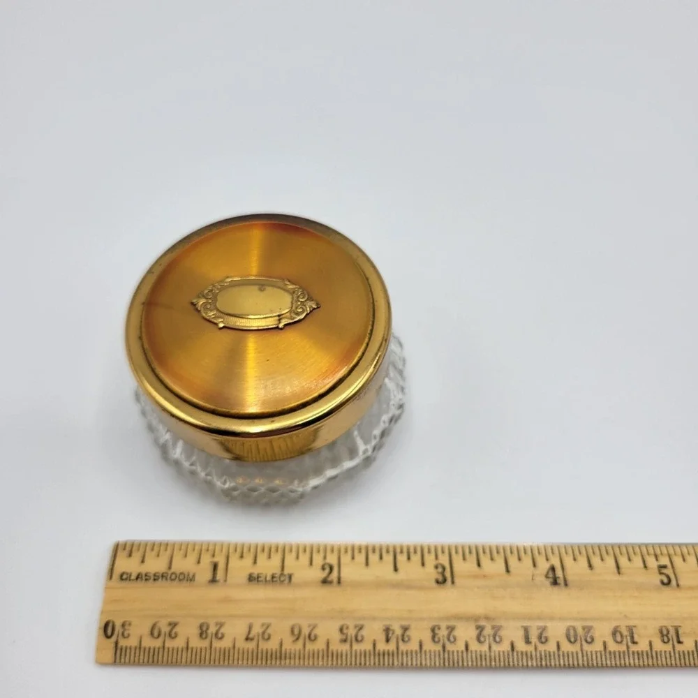 Vintage Art Deco Powder Dresser Glass Trinket Jars With Gold Brass Lids